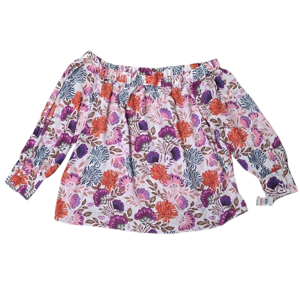 INC 2X White Floral Chiffon Off The Shoulder Split Sleeve Blouse Top Purple